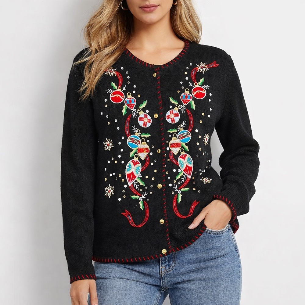 Vintage Crystal Kobe Embellished Christmas Cardigan Ugly Sweater Large